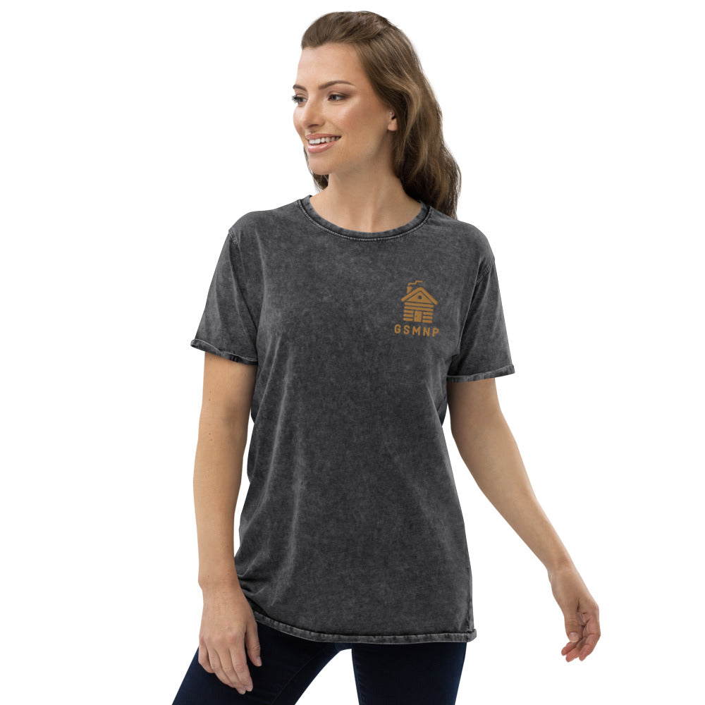 GSMNP Happy Cabin Shirt - Great Smoky Mountains National Park Embroidered Vintage Denim Shirt